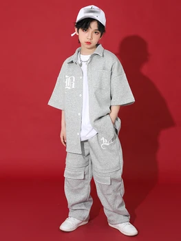 Одежда в стиле хип-хоп для мальчиков, Свободные топы с короткими рукавами, Брюки, Серый спортивный костюм для уличных танцев, одежда для джазовых выступлений, Детский костюм для девочек BL10352
