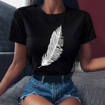 2021 Женская повседневная модная футболка в стиле харадзюку с принтом из перьев, свободная футболка с круглым вырезом и коротким рукавом, эластичная новая футболка для летнего дома