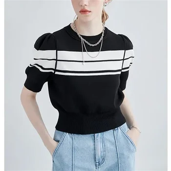Новая элегантная полосатая трикотажная футболка для женщин, летний тонкий топ с круглым рукавом и пузырчатыми рукавами, Корейские модные футболки